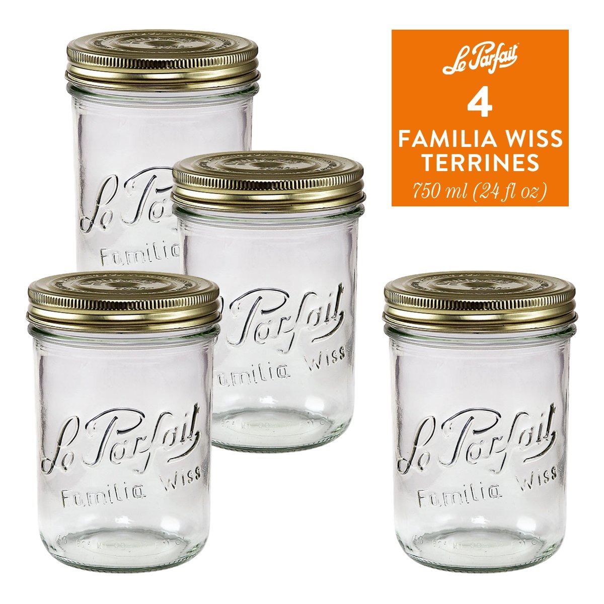 4-pack of Le Parfait Familia Wiss Terrines 750ml (24 fl oz) with gold sealing-cap and screw-band lids.