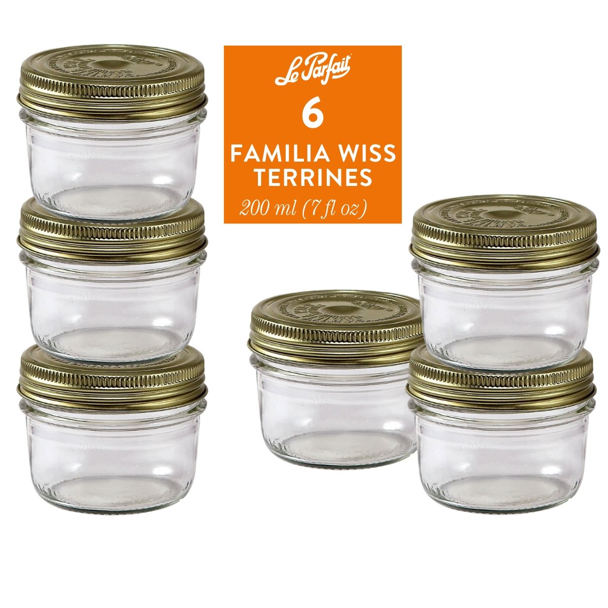 6-pack of Le Parfait Familia Wiss Terrines 200ml (7 fl oz) with gold sealing-cap and screw-band lids.