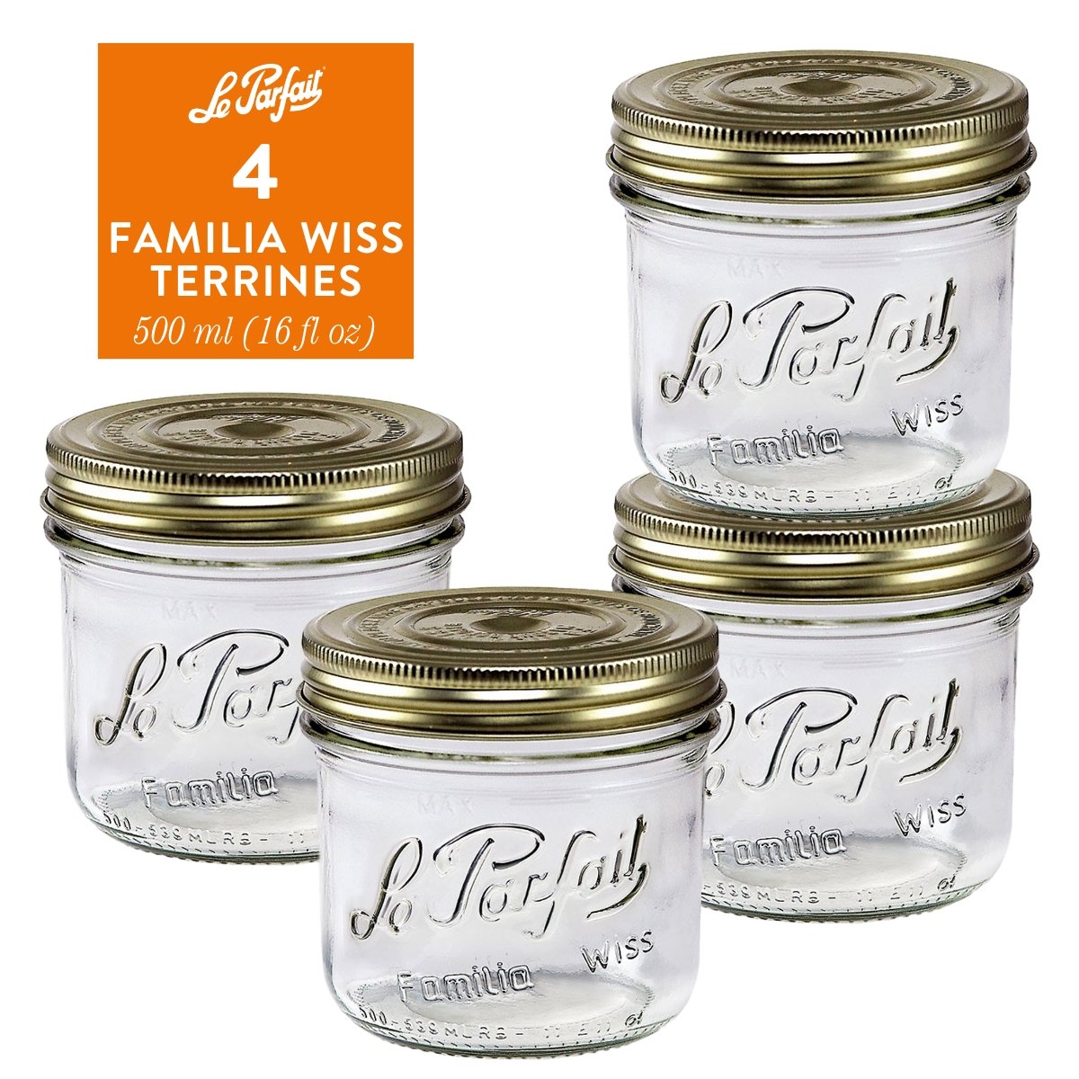 4-pack of Le Parfait Familia Wiss Terrines 500ml (16 fl oz) with gold sealing-cap and screw-band lids.