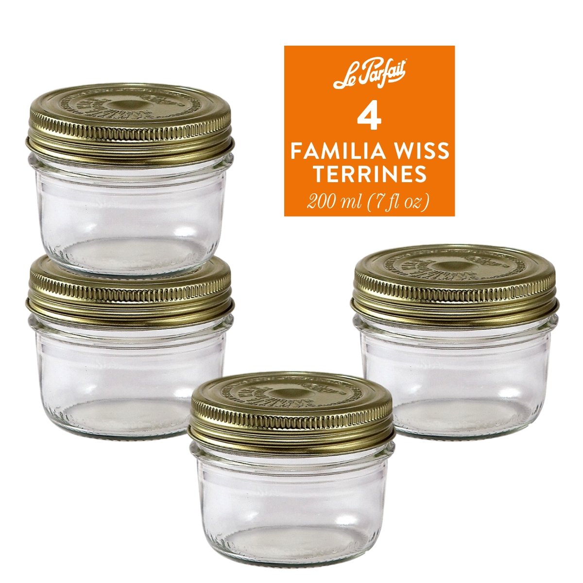 4-pack of Le Parfait Familia Wiss Terrines 200ml (7 fl oz) with gold sealing-cap and screw-band lids.