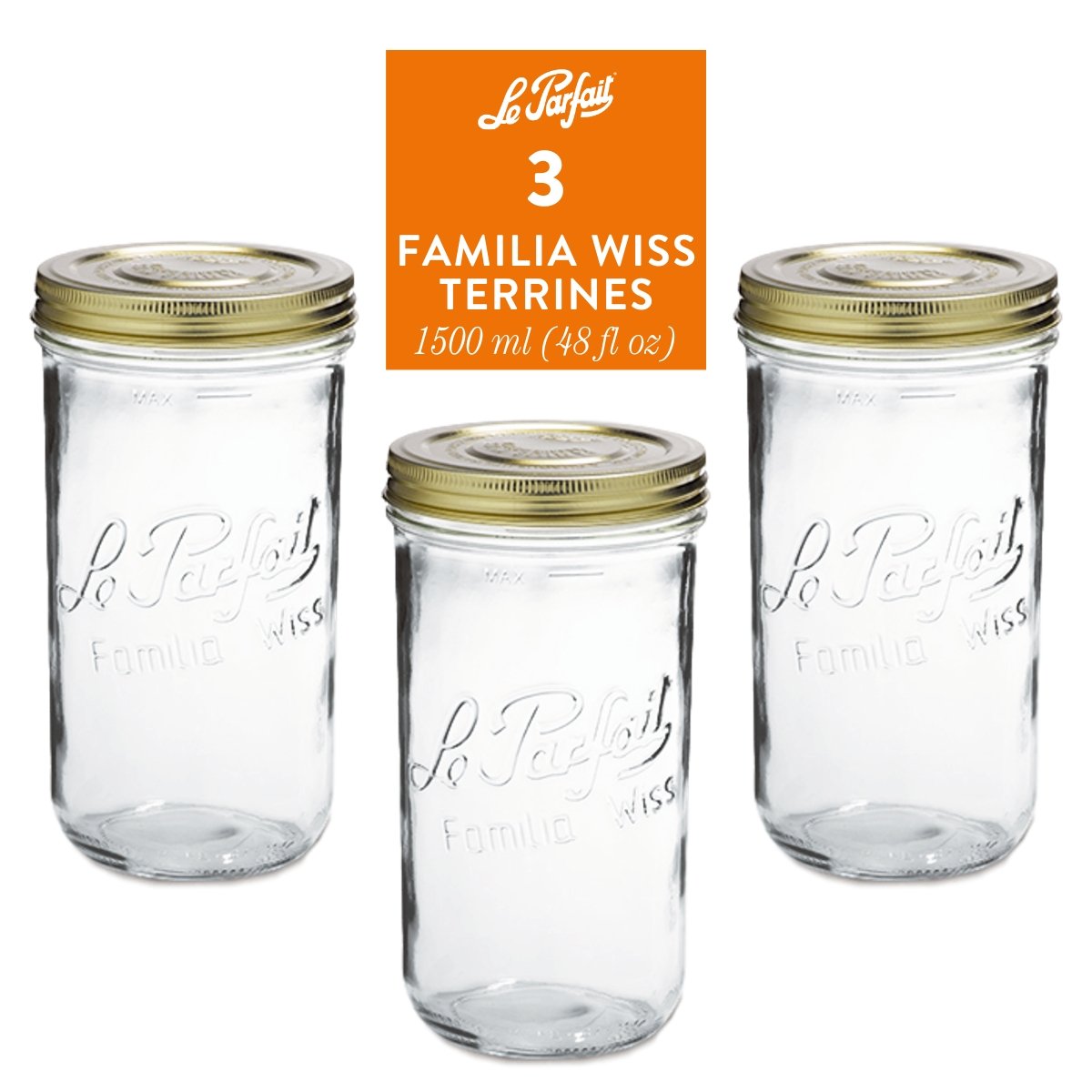 3-pack of Le Parfait Familia Wiss Terrines 1500ml (48 fl oz) with gold sealing-cap and screw-band lids.