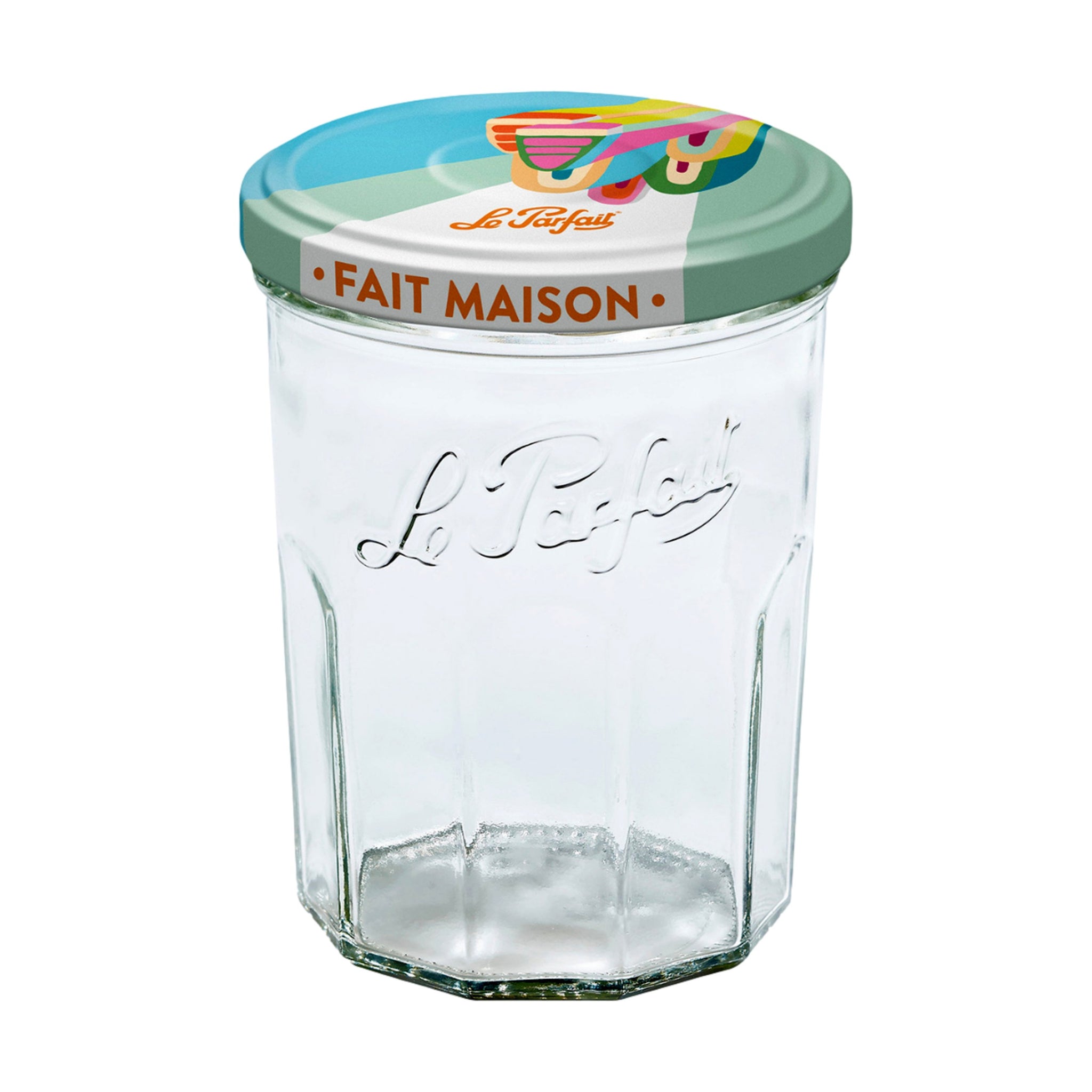 Le Parfait 6 Pack Jam Jar - 385ml Faceted French Glass Jelly Jar with Colorful Twist Lid, LPJJ0385
