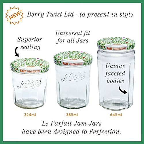 Le Parfait Jam Jars Berry Twist Lid feature: superior sealing, universal fit, and unique faceted bodies shown across 324ml, 385ml, and 645ml jars.