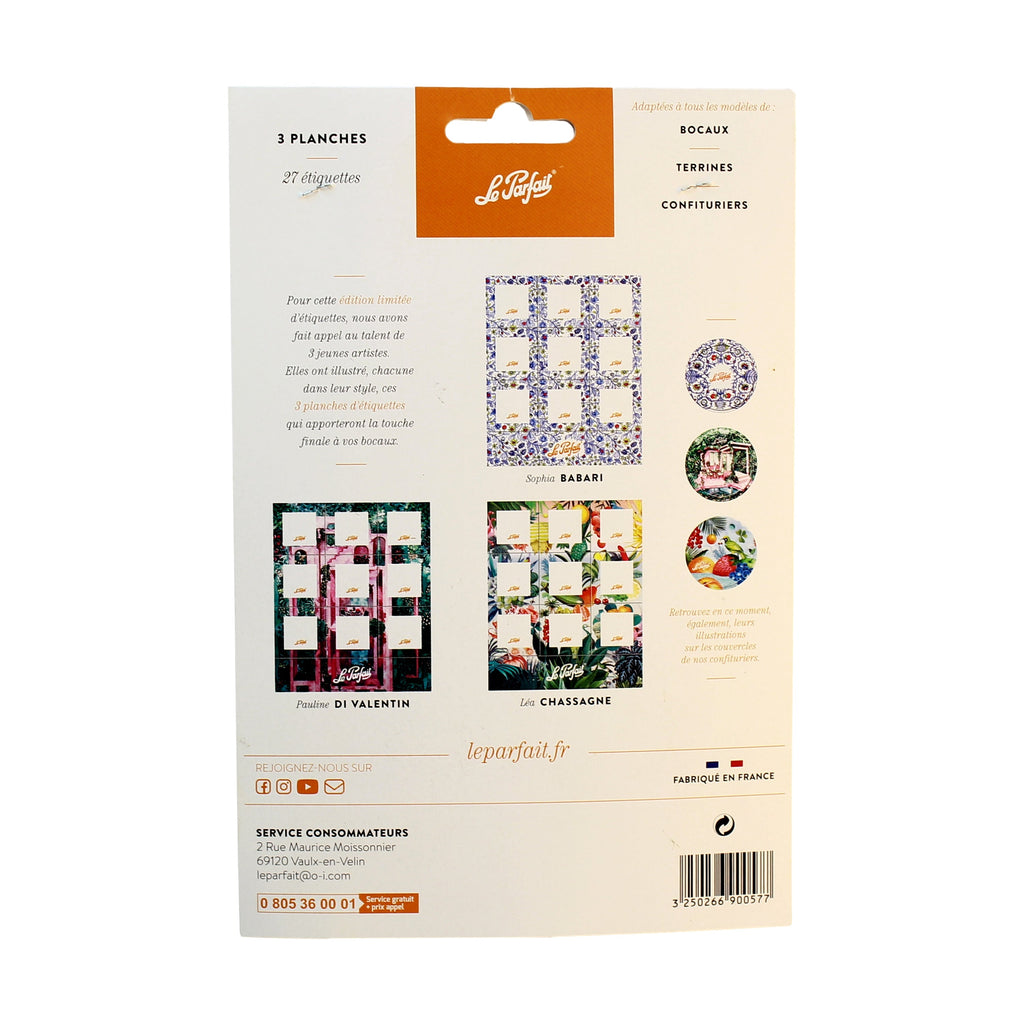 Le Parfait Labels packaging back - three label sheets by artists Sophia Babari, Pauline Di Valentin, and Léa Chassagne.
