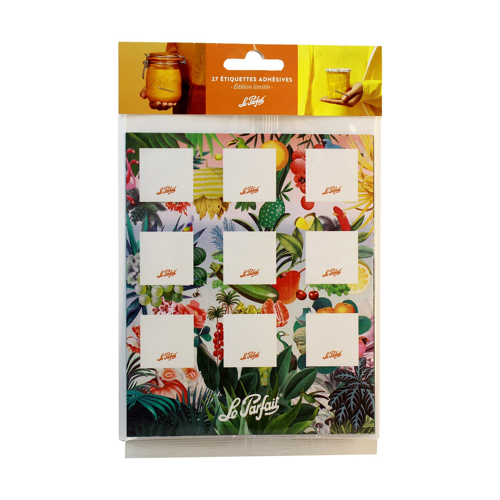 Le Parfait Labels retail packaging - 27 adhesive labels, limited edition, with tropical jungle floral pattern around nine blank label spots.