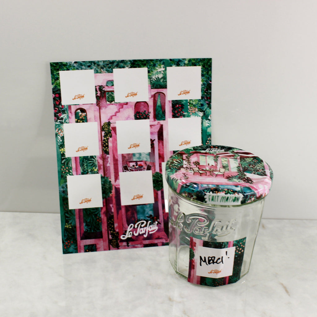 Le Parfait Labels pink garden cabana sheet beside a Le Parfait jar with matching pink cabana lid and a 'Merci!' label.