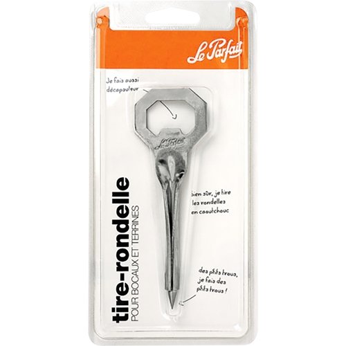 Le Parfait Tire-Rondelle bottle opener in retail blister packaging - stainless steel opener for jars and terrines, doubles as a bottle uncapper.