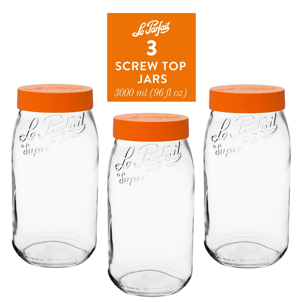 3-pack of Le Parfait Screw Top Jars 3L (96 fl oz) with orange plastic screw lids.