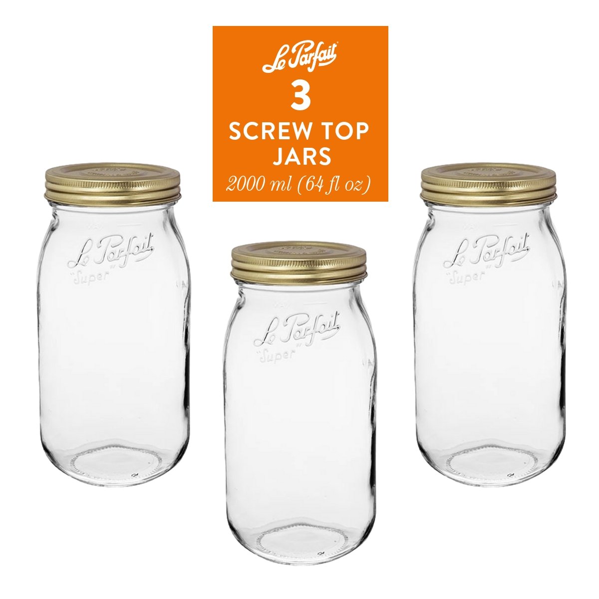 3-pack of Le Parfait Screw Top Jars 2L (64 fl oz) with gold Familia Wiss metal canning lids.