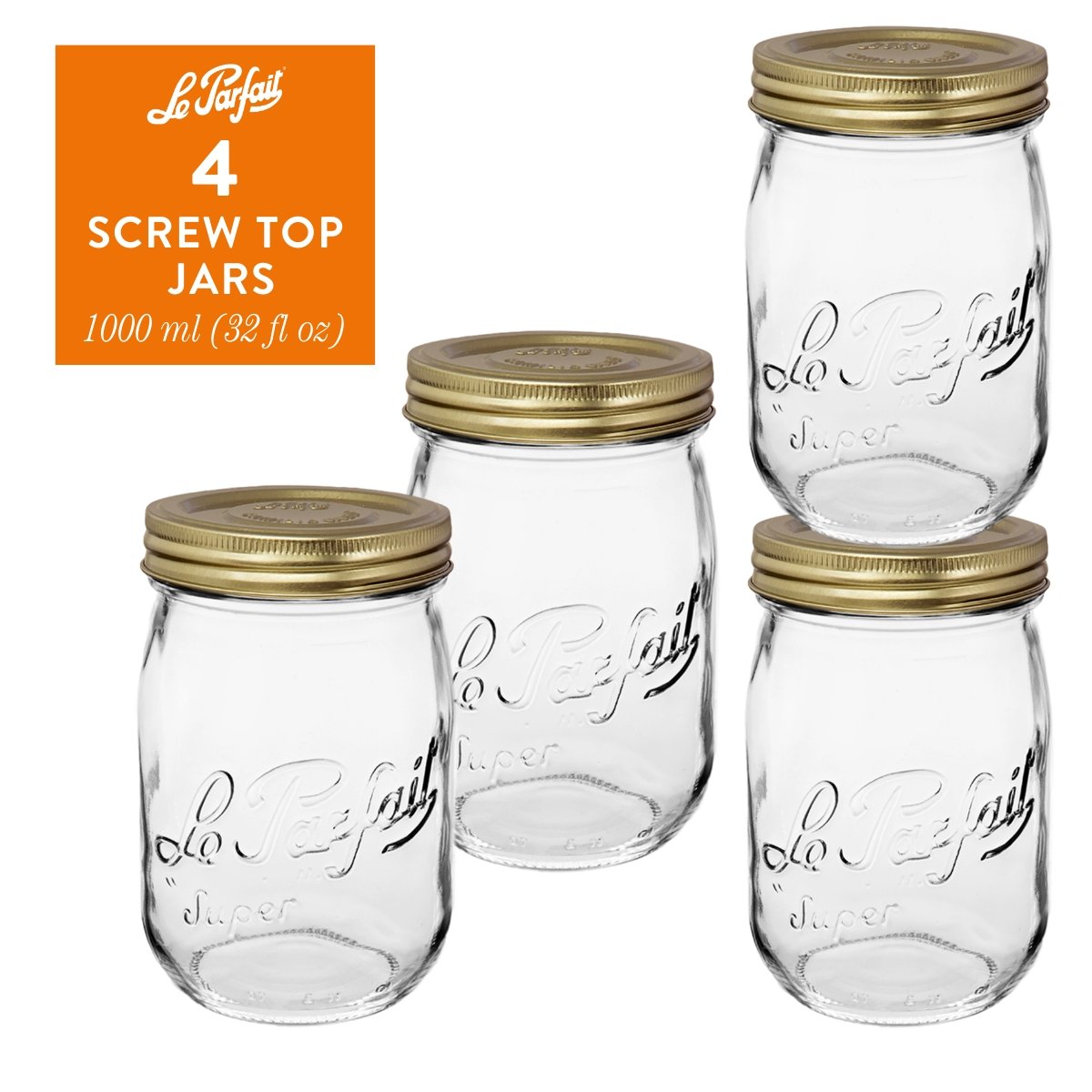 4-pack of Le Parfait Screw Top Jars 1L (32 fl oz) with gold Familia Wiss metal canning lids.