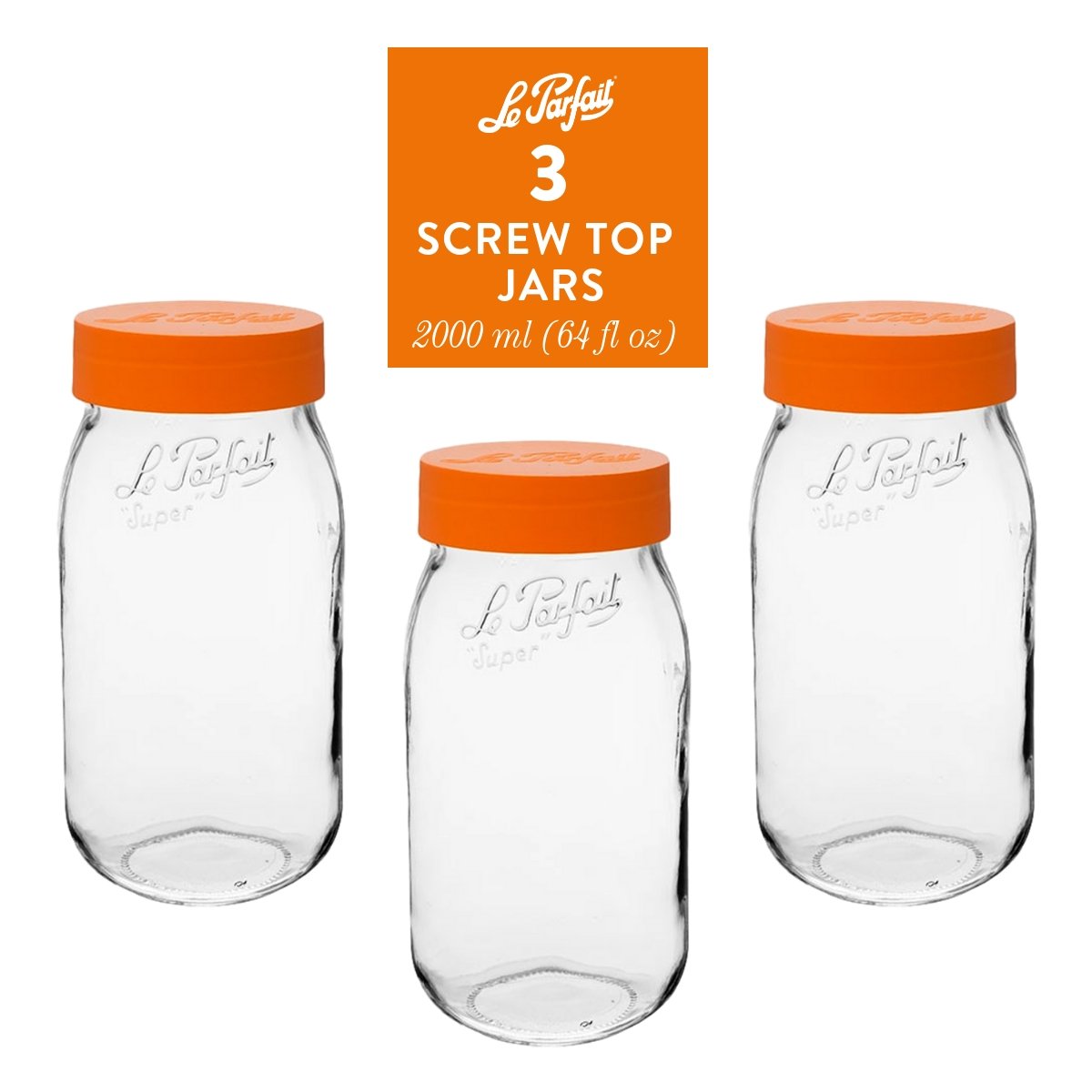 3-pack of Le Parfait Screw Top Jars 2L (64 fl oz) with orange plastic screw lids.