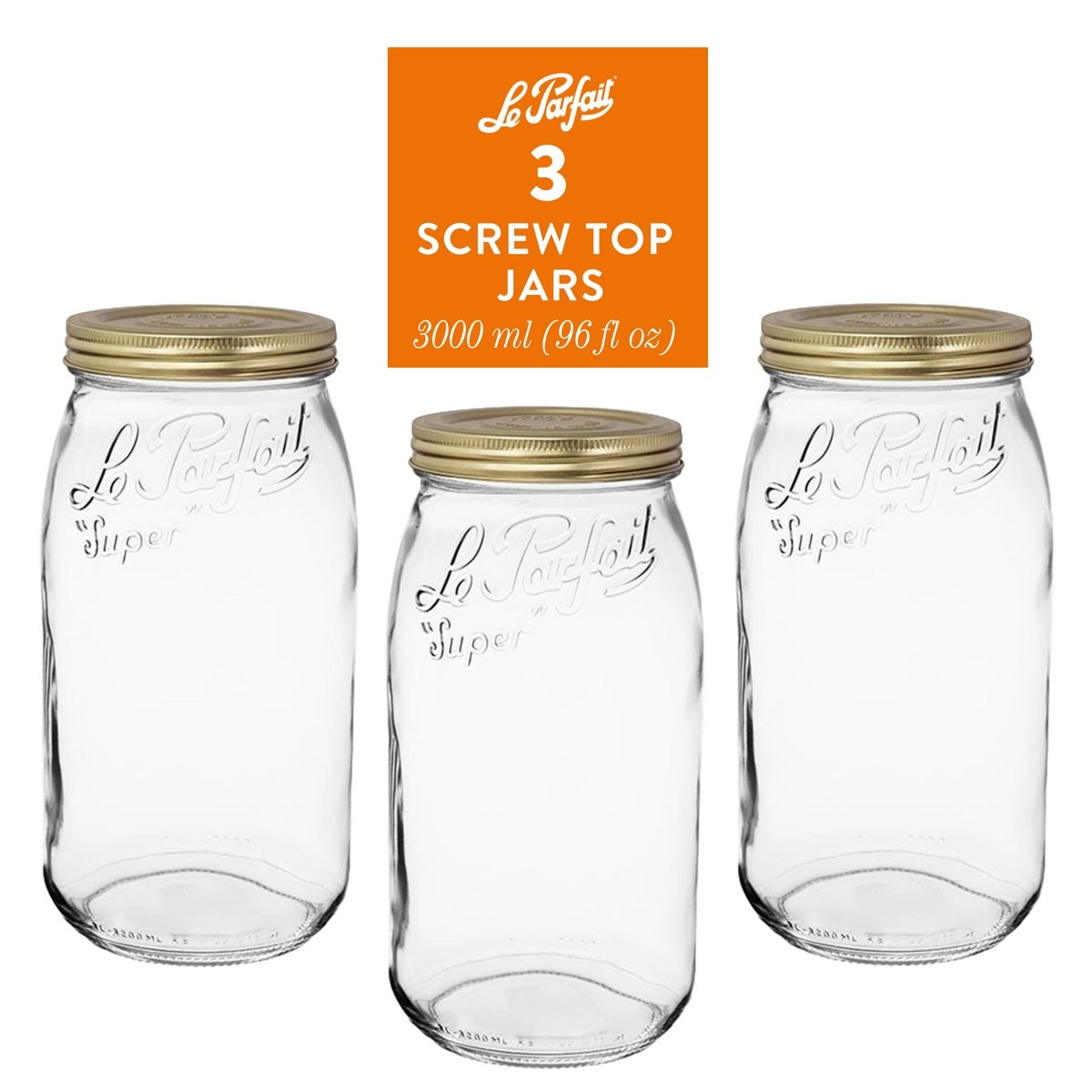 3-pack of Le Parfait Screw Top Jars 3L (96 fl oz) with gold Familia Wiss metal canning lids.