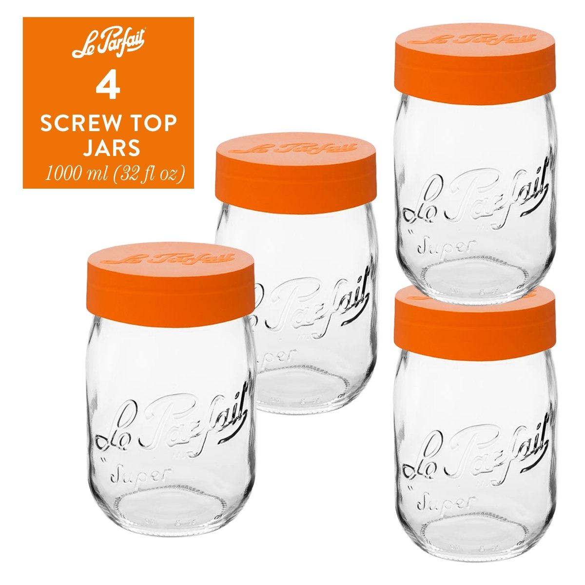 4-pack of Le Parfait Screw Top Jars 1L (32 fl oz) with orange plastic screw lids - alternate composition.
