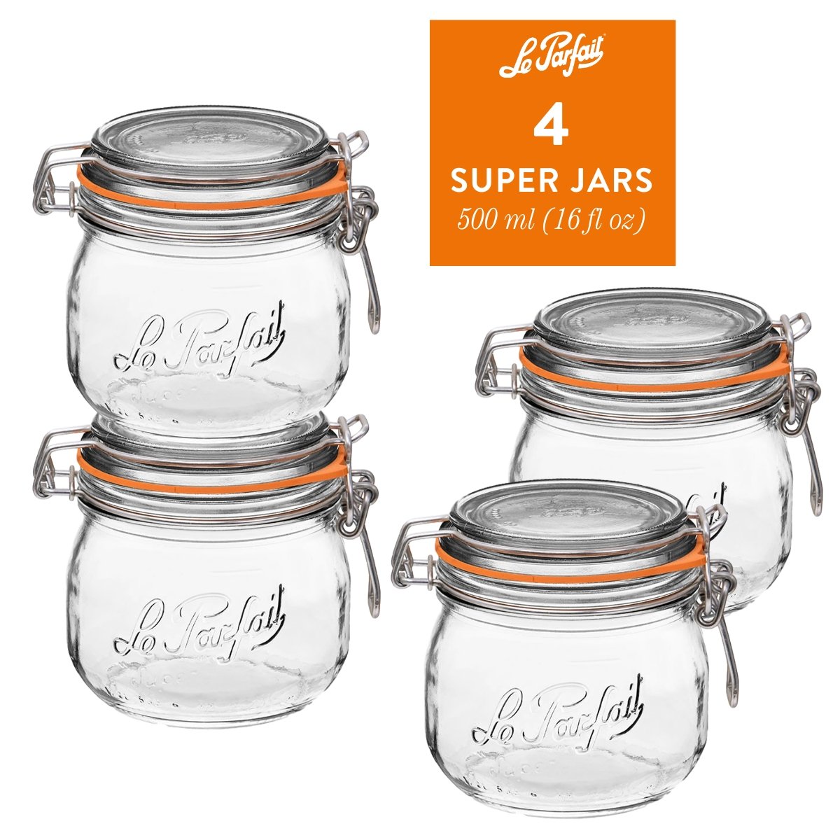4-pack of Le Parfait Super Jars 500ml (16 fl oz) with embossed logo, orange gasket, and stainless wire bail closure.