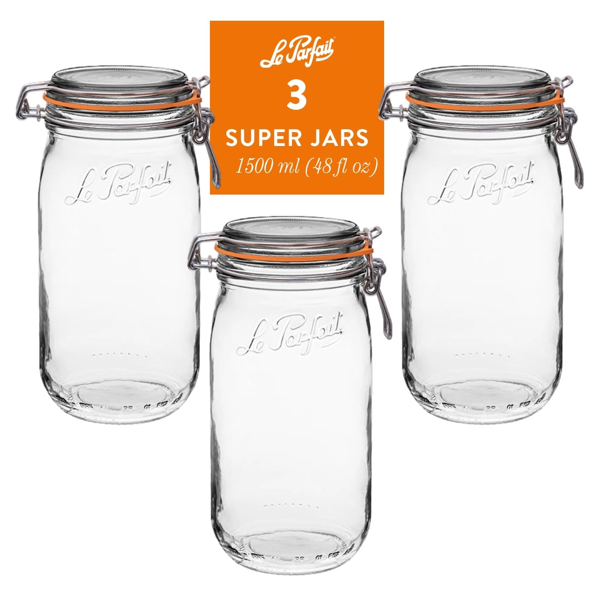 3-pack of Le Parfait Super Jars 1.5L (48 fl oz) with embossed logo, orange gasket, and stainless wire bail closure.