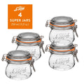 4-pack of Le Parfait Super Jars 250ml (8 fl oz) with embossed logo, orange gasket, and stainless wire bail closure.