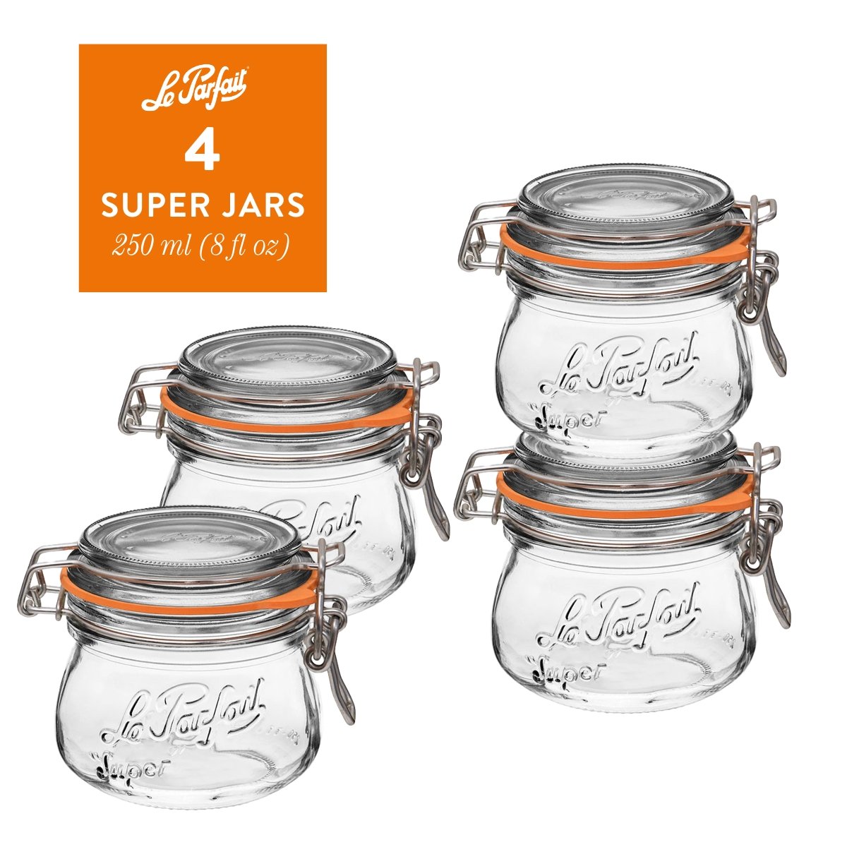 4-pack of Le Parfait Super Jars 250ml (8 fl oz) with embossed logo, orange gasket, and stainless wire bail closure.
