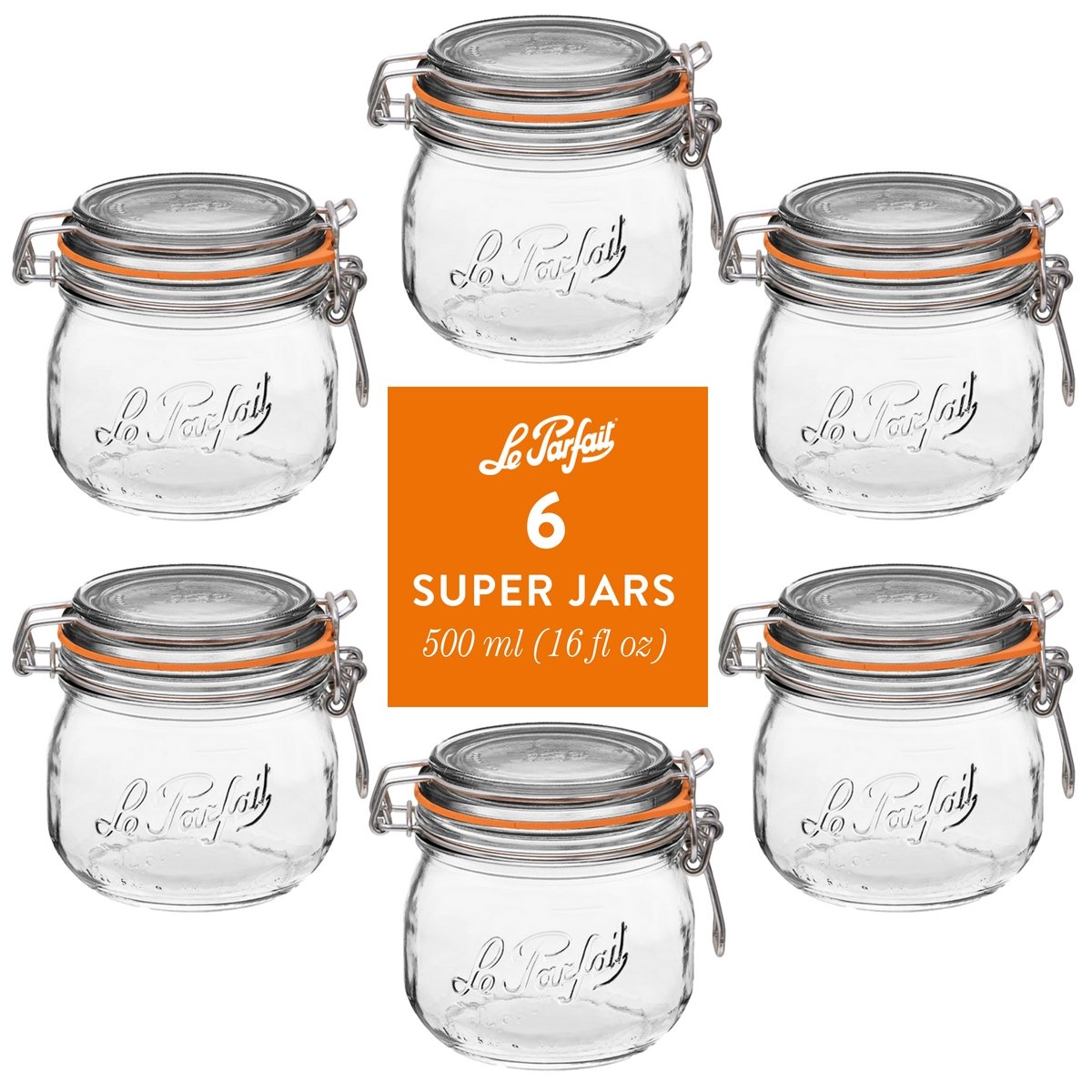 6-pack of Le Parfait Super Jars 500ml (16 fl oz) with embossed logo, orange gasket, and stainless wire bail closure.