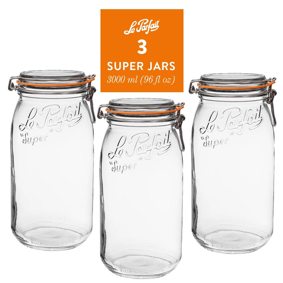 3-pack of Le Parfait Super Jars 3L (96 fl oz) with embossed logo, orange gasket, and stainless wire bail closure.