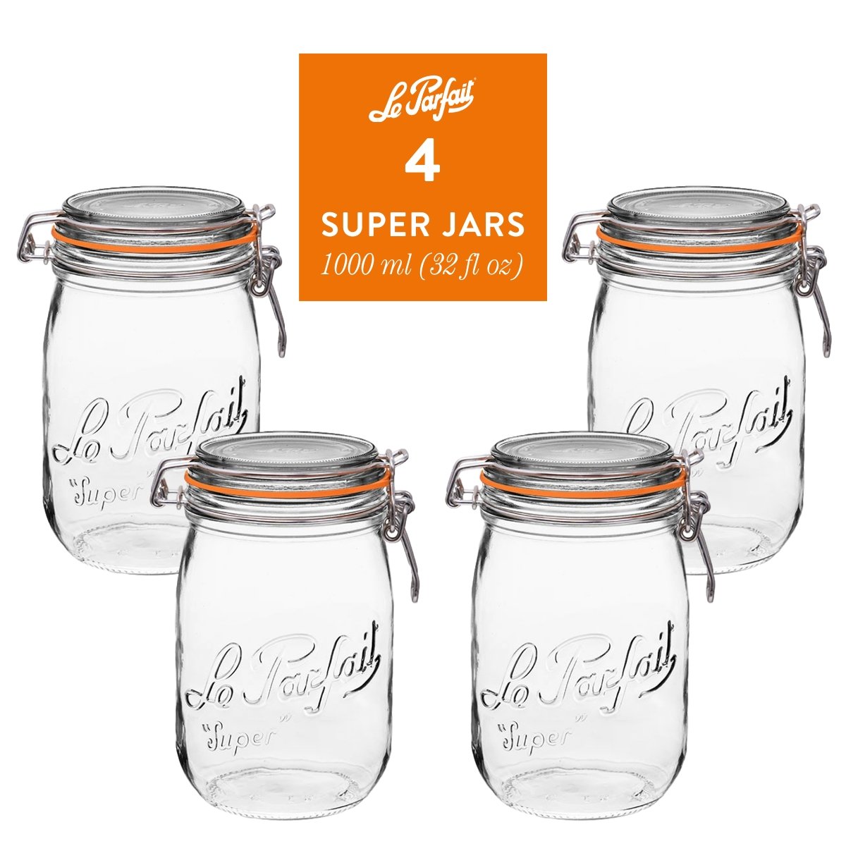 4-pack of Le Parfait Super Jars 1L (32 fl oz) with embossed logo, orange gasket, and stainless wire bail closure.