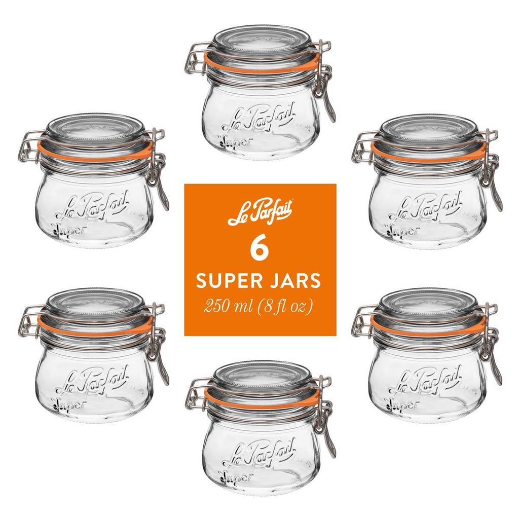 6-pack of Le Parfait Super Jars 250ml (8 fl oz) with embossed logo, orange gasket, and stainless wire bail closure.