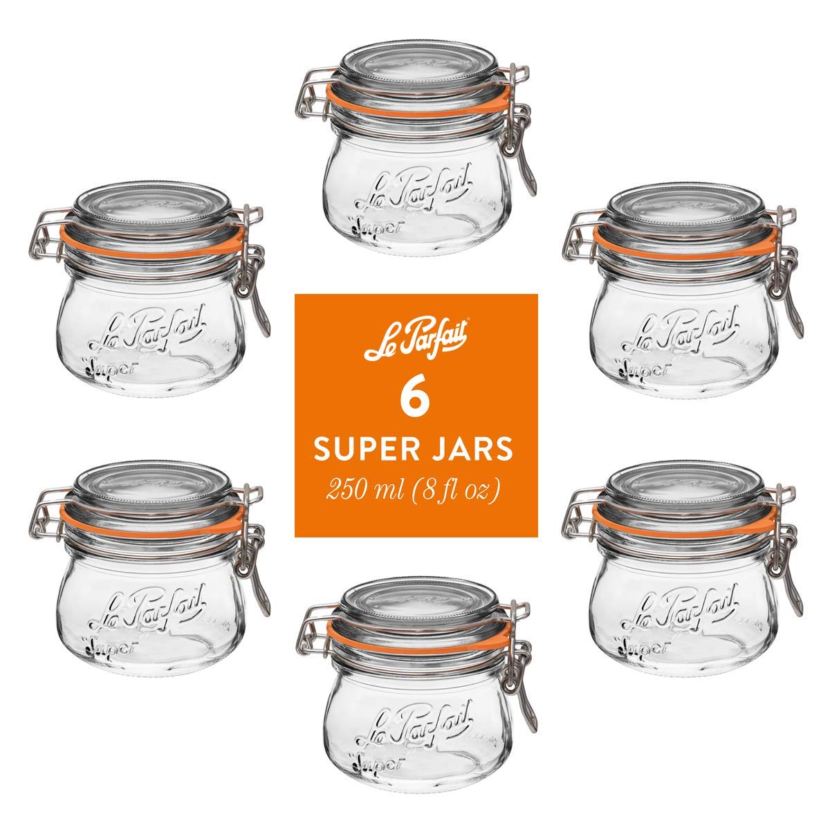 6-pack of Le Parfait Super Jars 250ml (8 fl oz) with embossed logo, orange gasket, and stainless wire bail closure.