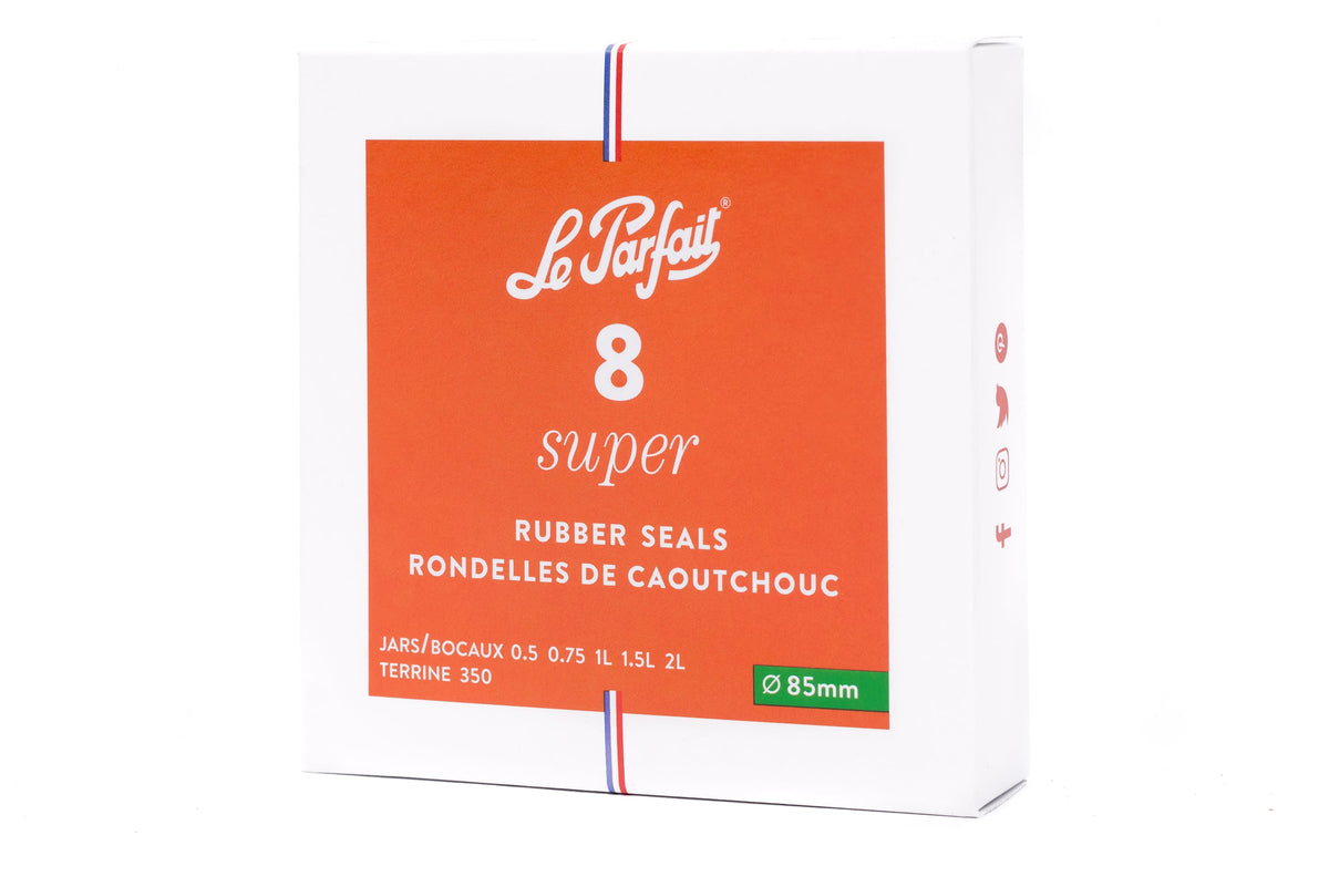 Le Parfait Super rubber seal 8-pack box, 85mm size - front view, fits 500ml–2L jars and 350ml terrines.