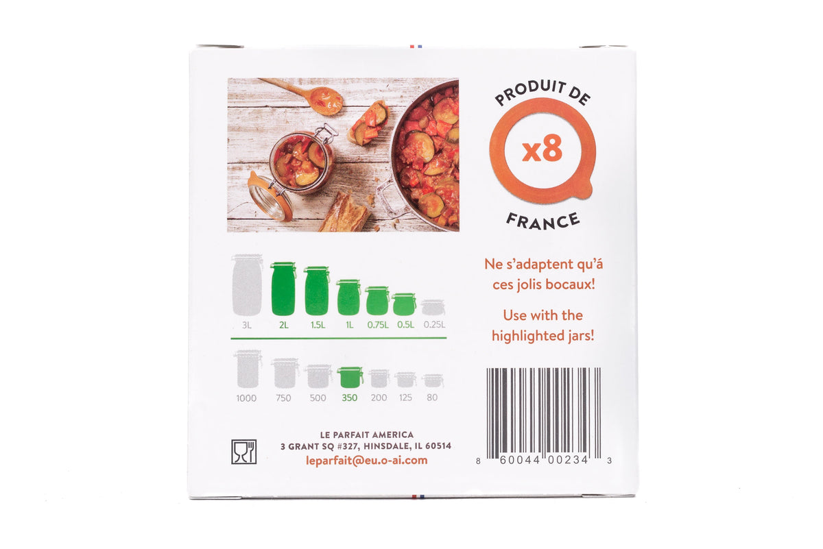 Le Parfait Super rubber seal 8-pack box, 85mm - back view with preserved-vegetables scene and 350ml terrine / 500ml–2L jar compatibility chart.