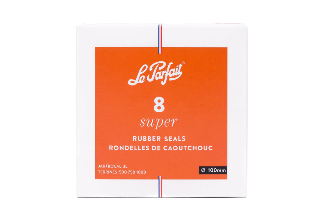 Le Parfait Super rubber seal 8-pack box, 100mm size - front view, fits 3L jars and 500/750/1000ml terrines.