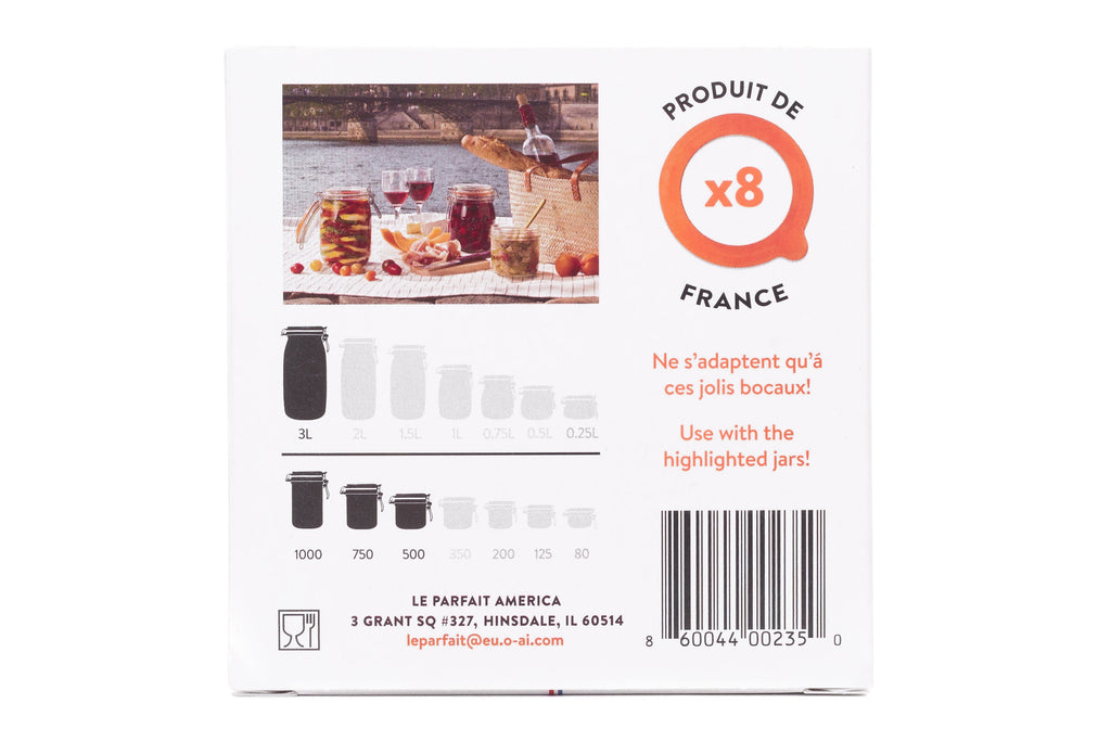 Le Parfait Super rubber seal 8-pack box, 100mm - back view with Seine-side picnic scene and 3L jar / 500–1000ml terrine compatibility chart.