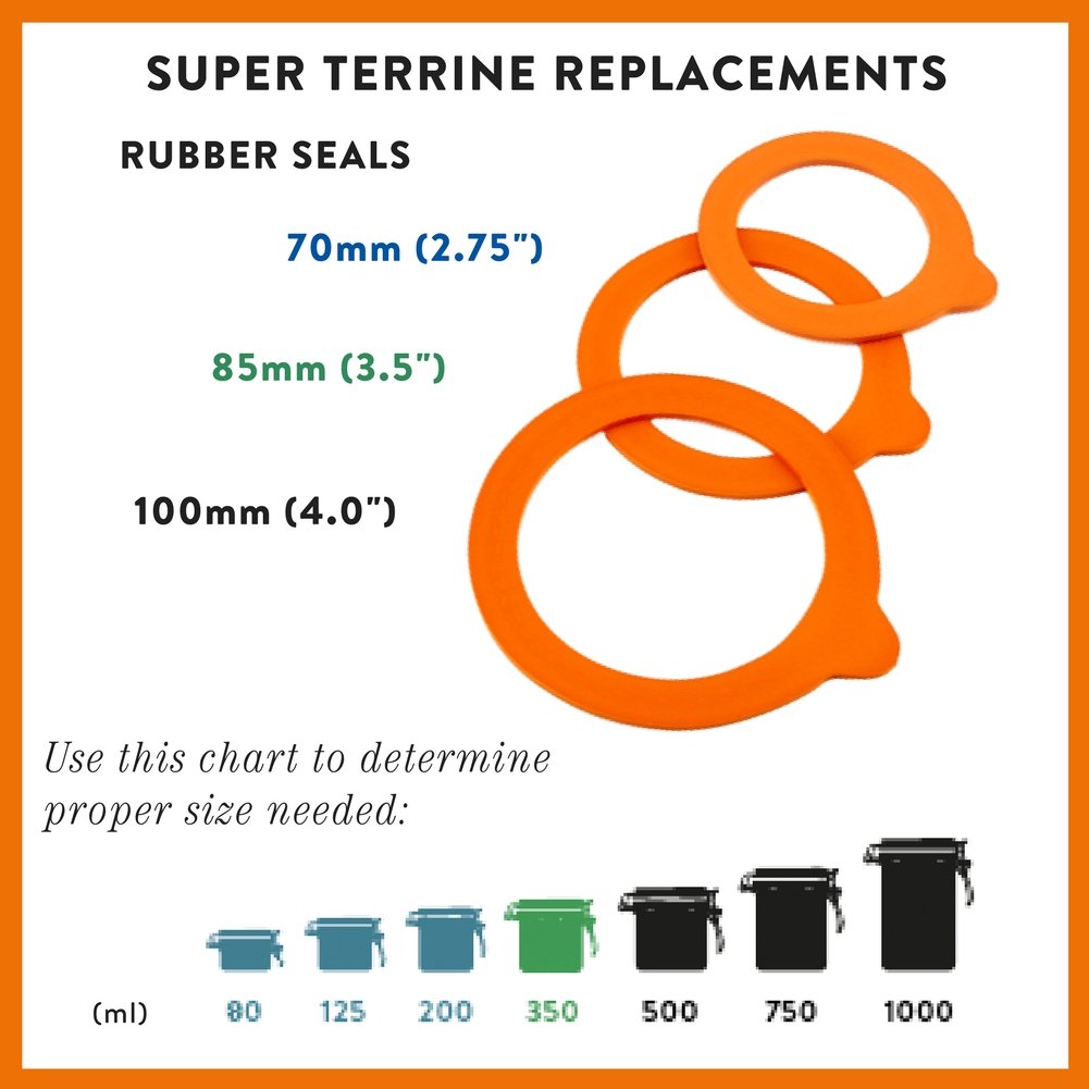 Le Parfait Super rubber seal size chart - 70mm, 85mm, and 100mm orange gaskets matched to 80–1000ml Super Terrine sizes.