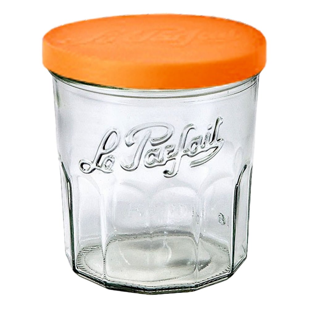 Single orange Le Parfait Super Snap Cover Lid snapped onto a Le Parfait Super Jar.