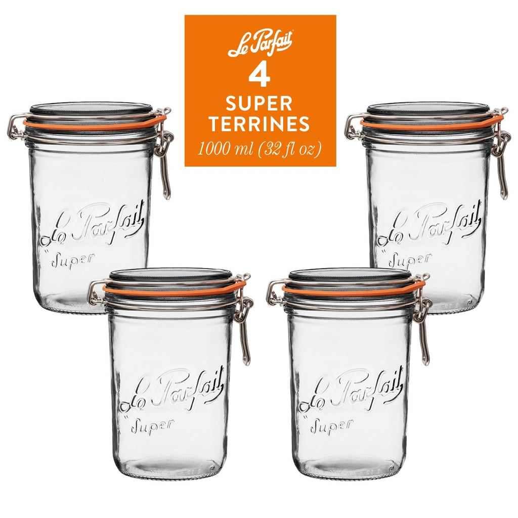 4-pack of Le Parfait Super Terrines 1000ml (32 fl oz) with orange gaskets and stainless wire bail closures.