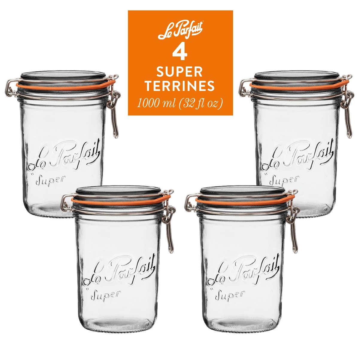 4-pack of Le Parfait Super Terrines 1000ml (32 fl oz) with orange gaskets and stainless wire bail closures.