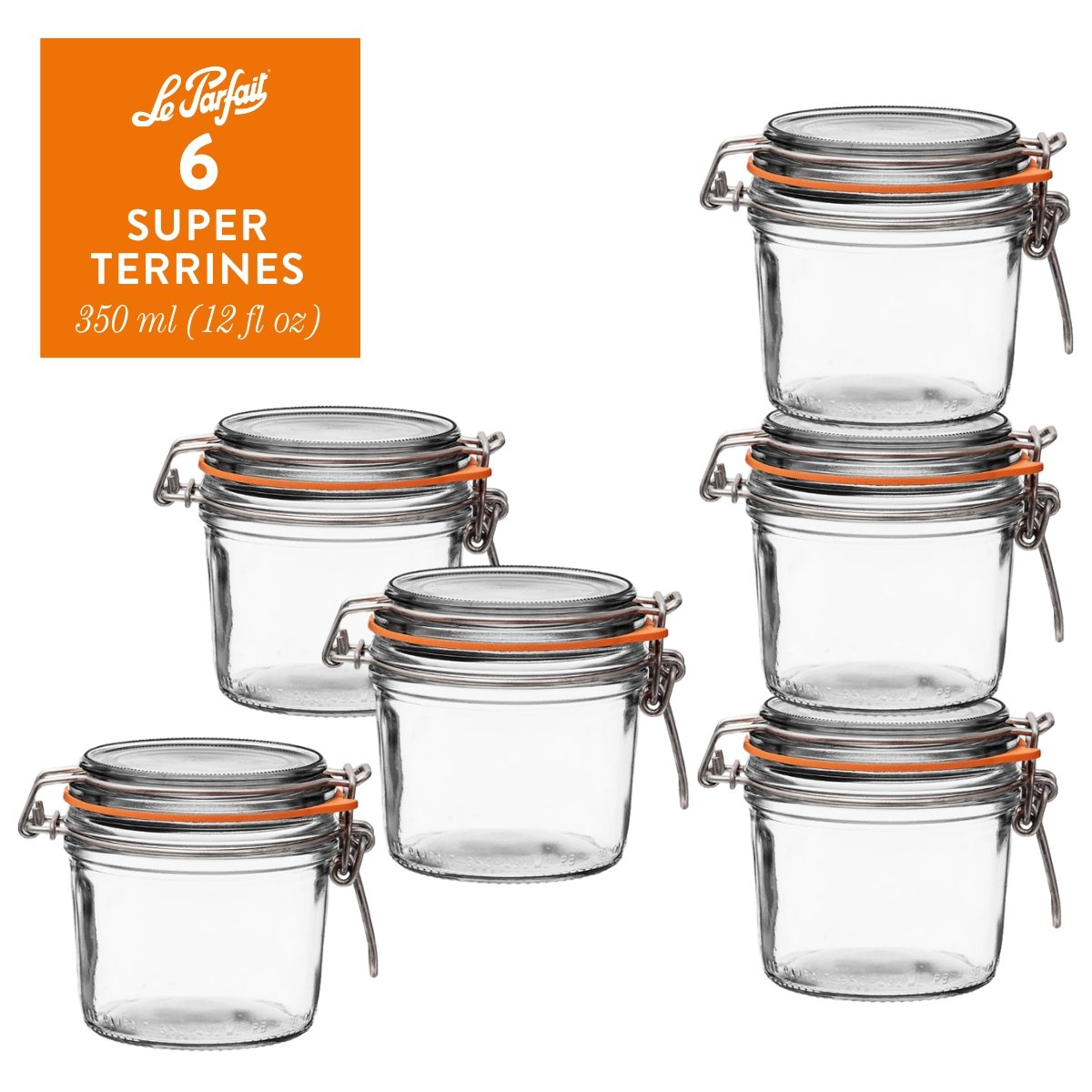 6-pack of Le Parfait Super Terrines 350ml (12 fl oz) with orange gaskets and stainless wire bail closures.