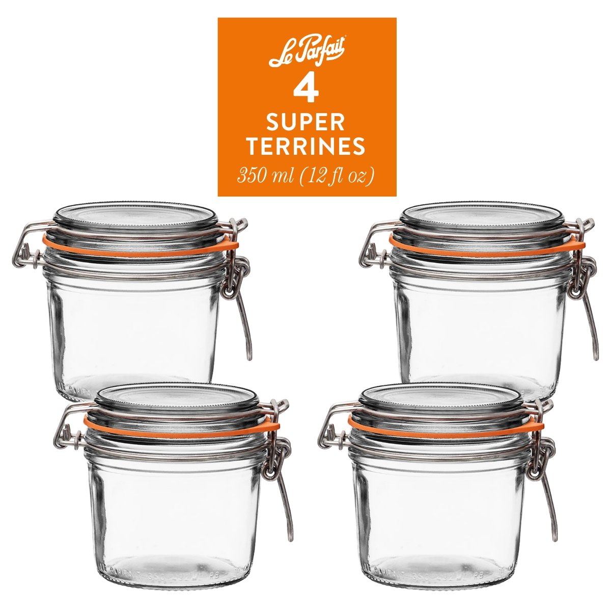 4-pack of Le Parfait Super Terrines 350ml (12 fl oz) with orange gaskets and stainless wire bail closures.