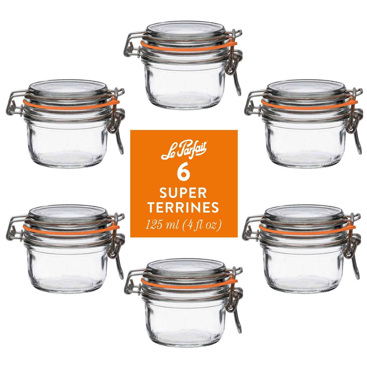 6-pack of Le Parfait Super Terrines 125ml (4 fl oz) with orange gaskets and stainless wire bail closures.