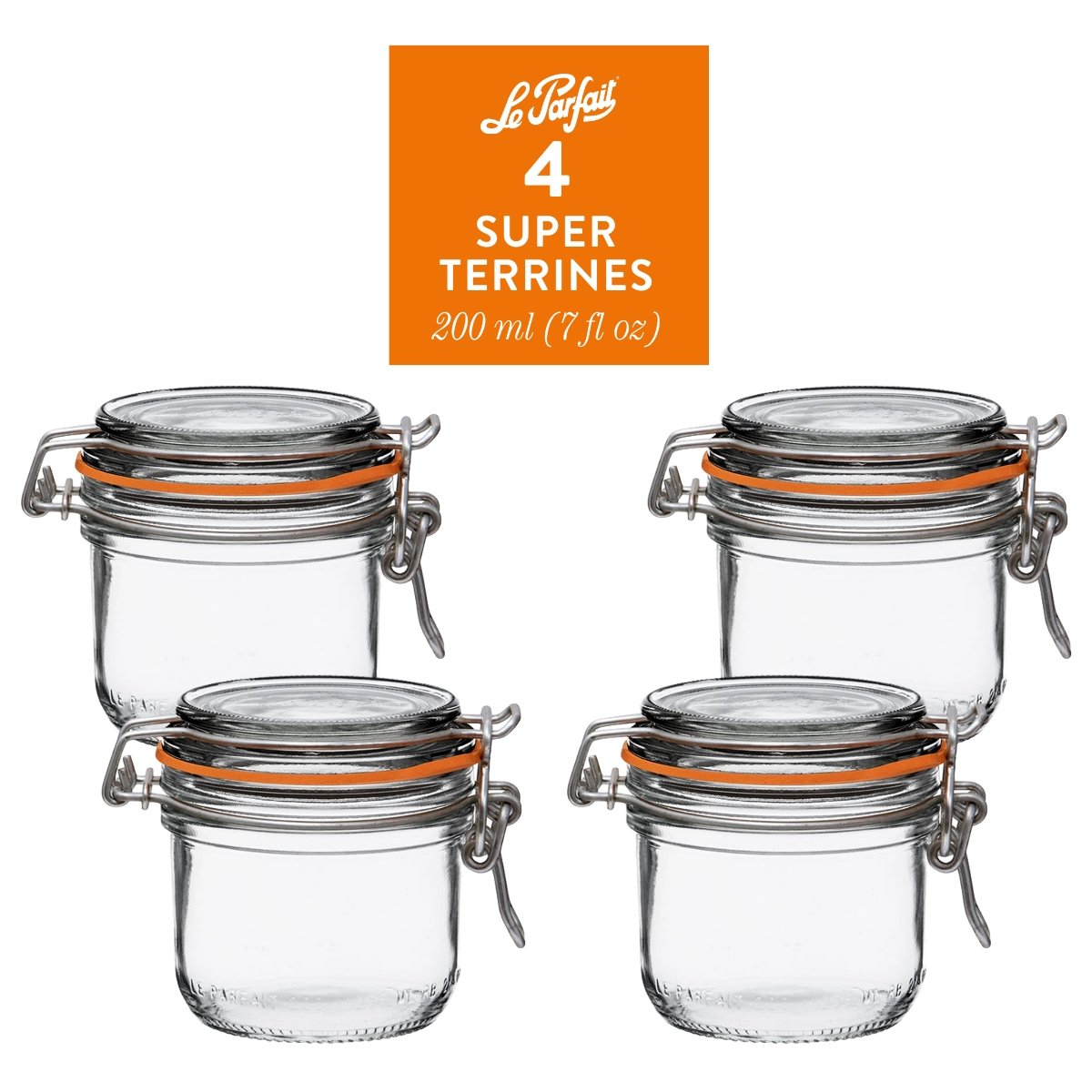 4-pack of Le Parfait Super Terrines 200ml (7 fl oz) with orange gaskets and stainless wire bail closures.