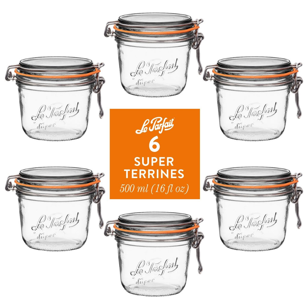 6-pack of Le Parfait Super Terrines 500ml (16 fl oz) with orange gaskets and stainless wire bail closures.