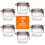 6-pack of Le Parfait Super Terrines 500ml (16 fl oz) with orange gaskets and stainless wire bail closures.
