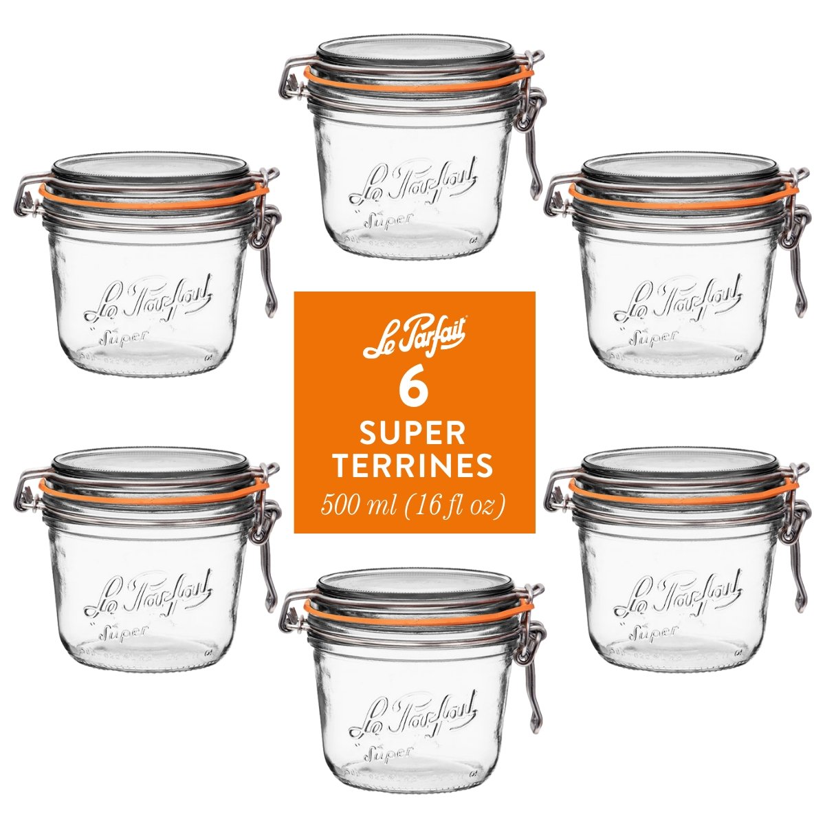 6-pack of Le Parfait Super Terrines 500ml (16 fl oz) with orange gaskets and stainless wire bail closures.