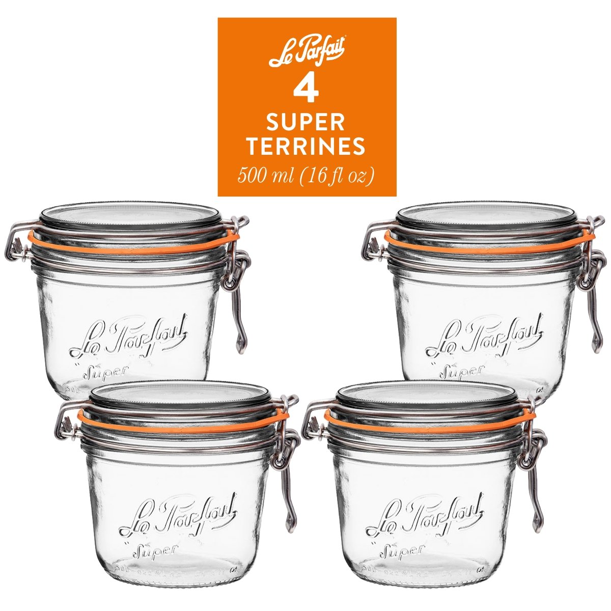 4-pack of Le Parfait Super Terrines 500ml (16 fl oz) with orange gaskets and stainless wire bail closures.