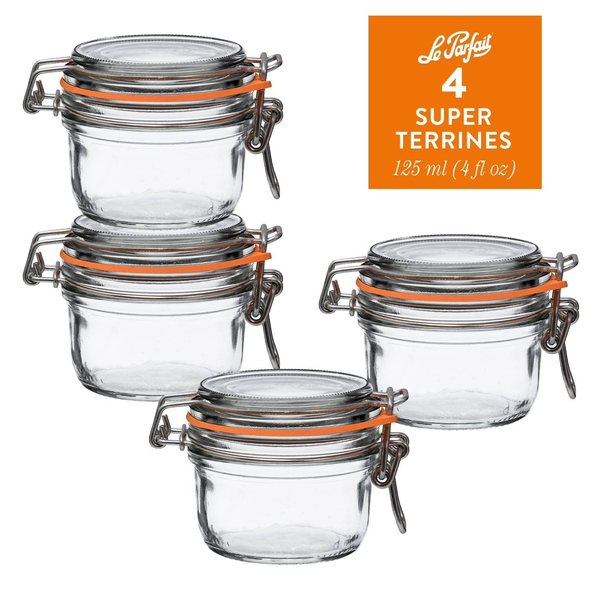 4-pack of Le Parfait Super Terrines 125ml (4 fl oz) with orange gaskets and stainless wire bail closures.