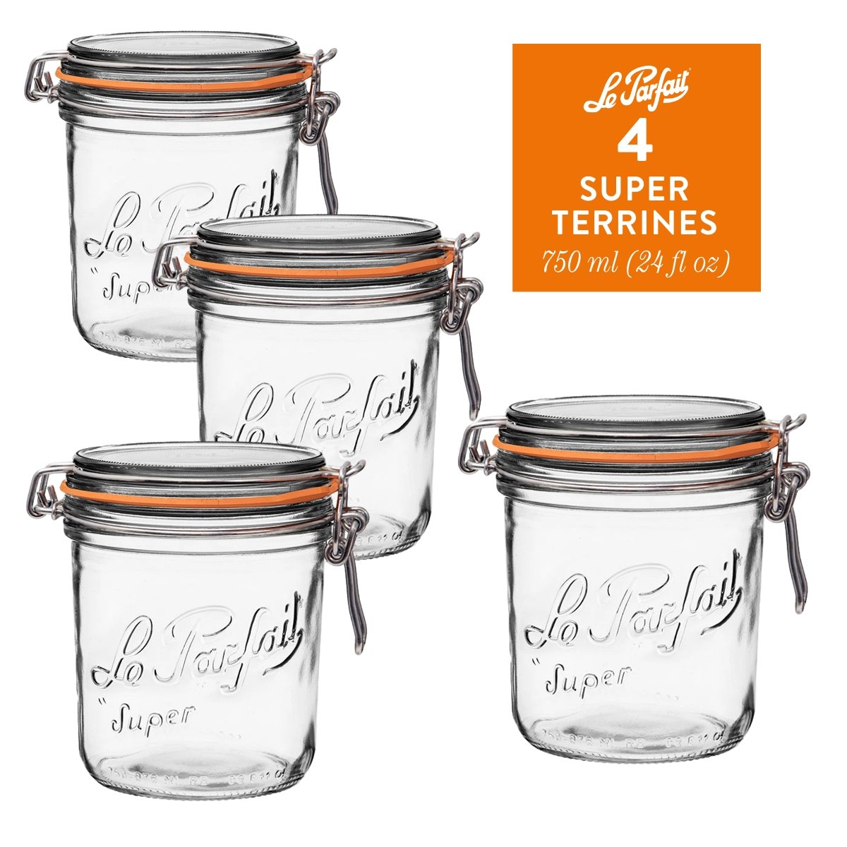 4-pack of Le Parfait Super Terrines 750ml (24 fl oz) with orange gaskets and stainless wire bail closures.