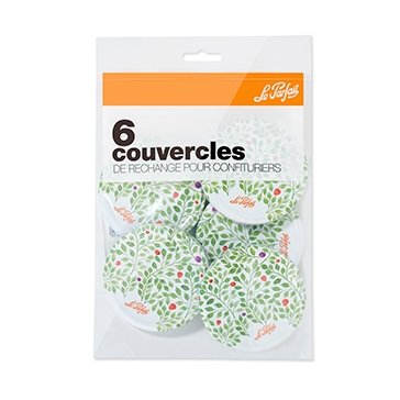 Le Parfait 6-pack 82mm Twist Lids retail bag - replacement lids for confiture jars with green leaf-and-berry pattern.