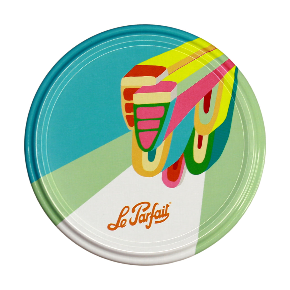 Le Parfait 82mm Twist Lid - graphic teal-and-green design with stylized rainbow hand reaching across the lid.