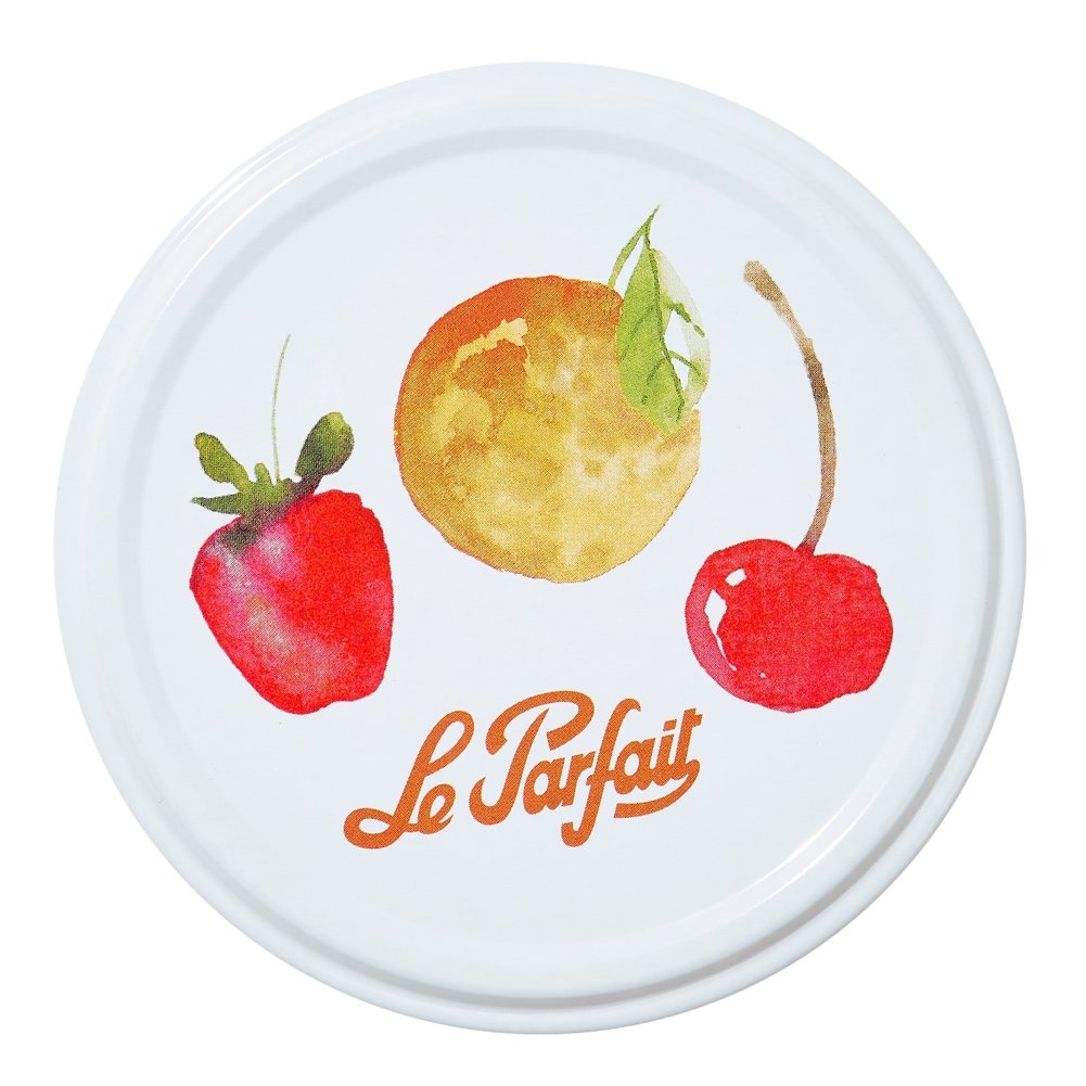 Le Parfait 82mm Twist Lid - watercolor strawberry, apricot, and cherry on white.