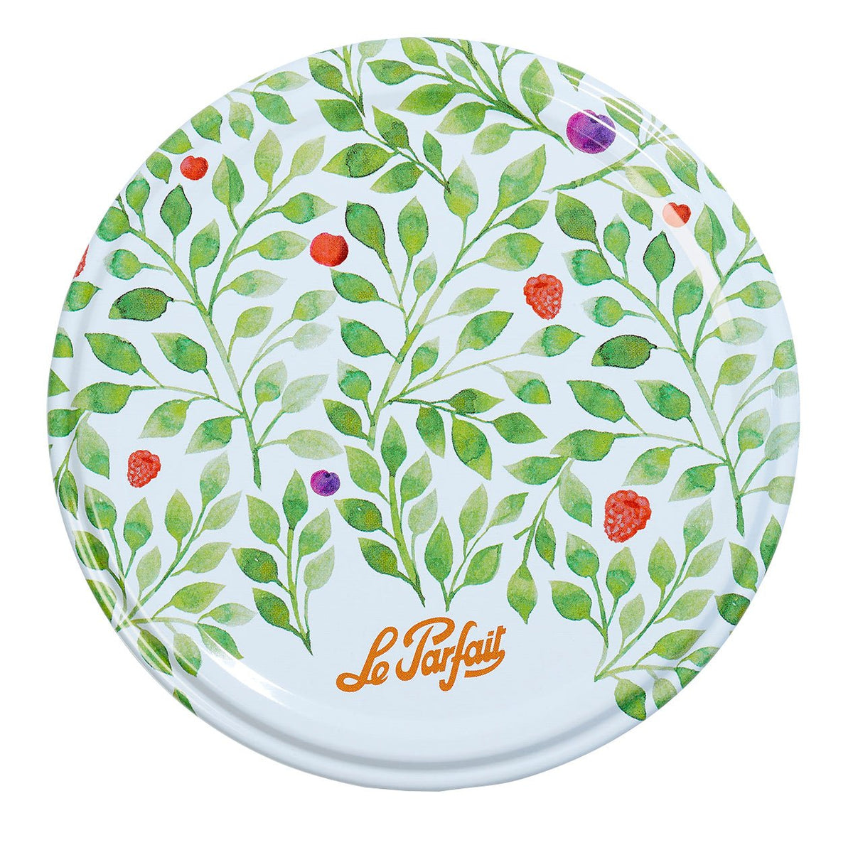 Le Parfait 82mm Twist Lid - botanical green leaves and scattered red and purple berries on white.