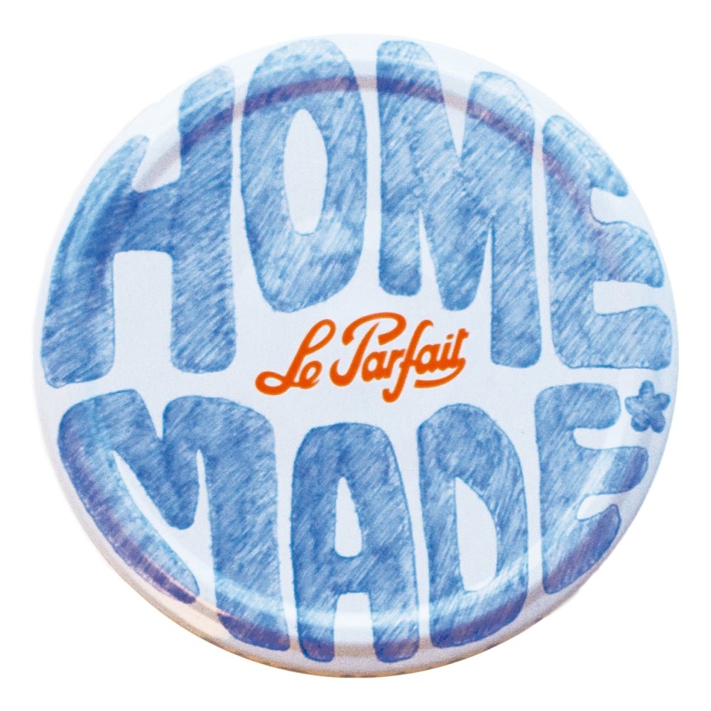 Le Parfait 82mm Twist Lid - blue 'HOME MADE' hand-drawn lettering on white.