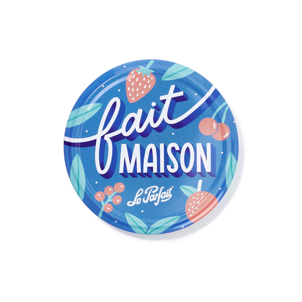 Le Parfait 82mm Twist Lid - blue lid with white 'fait MAISON' script and scattered strawberries, cherries, and peach.